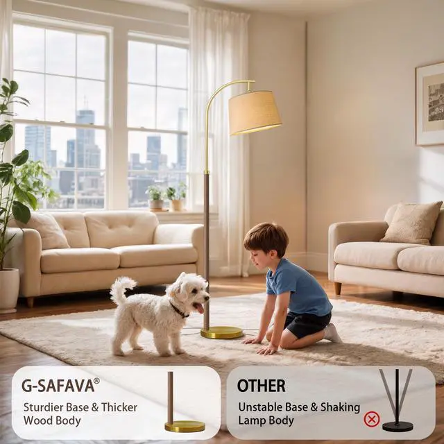 Alt view image 3 of 7 - 62.5" Wood Floor Lamps for Living Room with Foot Switch Tall Standing Lamp Arc Floor Lamps for Bedroom Mid Century Modern Corner Gold Floor Lamps for Office Nursery Industrial Reading Lamp, Chestnut