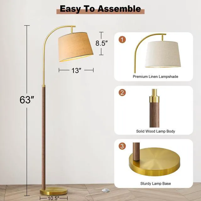 Alt view image 6 of 7 - 62.5" Wood Floor Lamps for Living Room with Foot Switch Tall Standing Lamp Arc Floor Lamps for Bedroom Mid Century Modern Corner Gold Floor Lamps for Office Nursery Industrial Reading Lamp, Chestnut