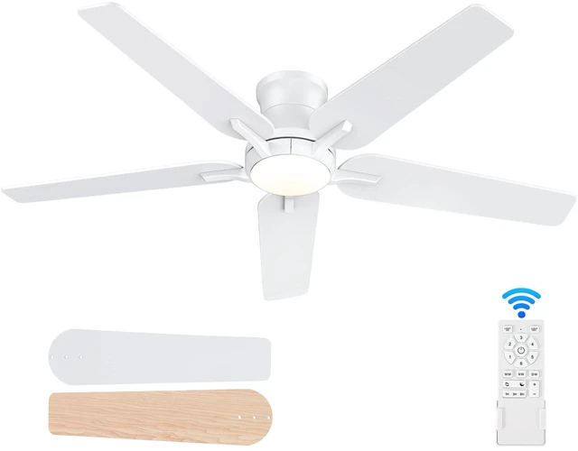 Main image of 52 Inch White Ceiling Fans with Lights and Remote, Flush Mount Low Profile Ceiling Fan for Bedroom, Living Room, Patio, Dimmable 6 Speeds Noiseless Reversible, ETL Listed