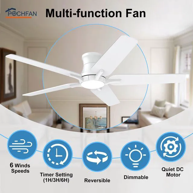 Alt view image 2 of 7 - 52 Inch White Ceiling Fans with Lights and Remote, Flush Mount Low Profile Ceiling Fan for Bedroom, Living Room, Patio, Dimmable 6 Speeds Noiseless Reversible, ETL Listed