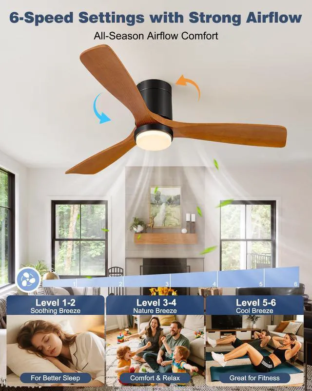 Alt view image 4 of 7 - 52 Inch Ceiling Fans with Lights and Remote, 3 Blade Low Profile Flush Mount, ETL Listed, Timer, 6 Speeds Reversible DC Motor, 3CCT Modern Fans Patio Bedroom Indoor/Outdoor, 52in Brown Black