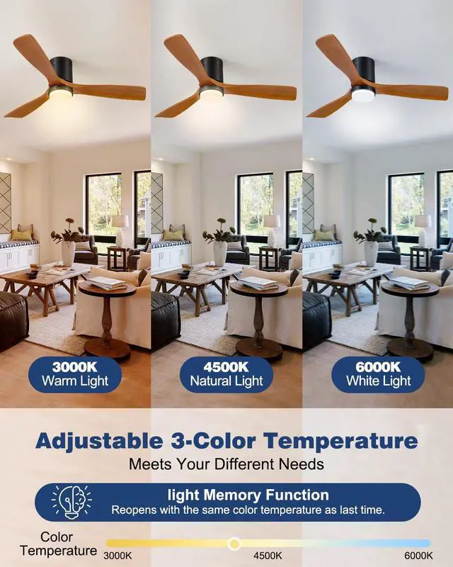 Alt view image 5 of 7 - 52 Inch Ceiling Fans with Lights and Remote, 3 Blade Low Profile Flush Mount, ETL Listed, Timer, 6 Speeds Reversible DC Motor, 3CCT Modern Fans Patio Bedroom Indoor/Outdoor, 52in Brown Black