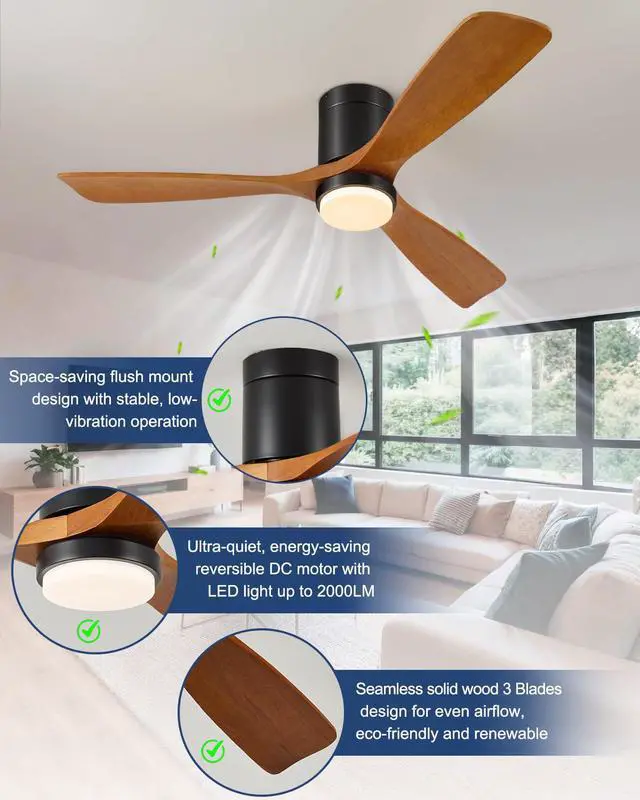 Alt view image 7 of 7 - 52 Inch Ceiling Fans with Lights and Remote, 3 Blade Low Profile Flush Mount, ETL Listed, Timer, 6 Speeds Reversible DC Motor, 3CCT Modern Fans Patio Bedroom Indoor/Outdoor, 52in Brown Black