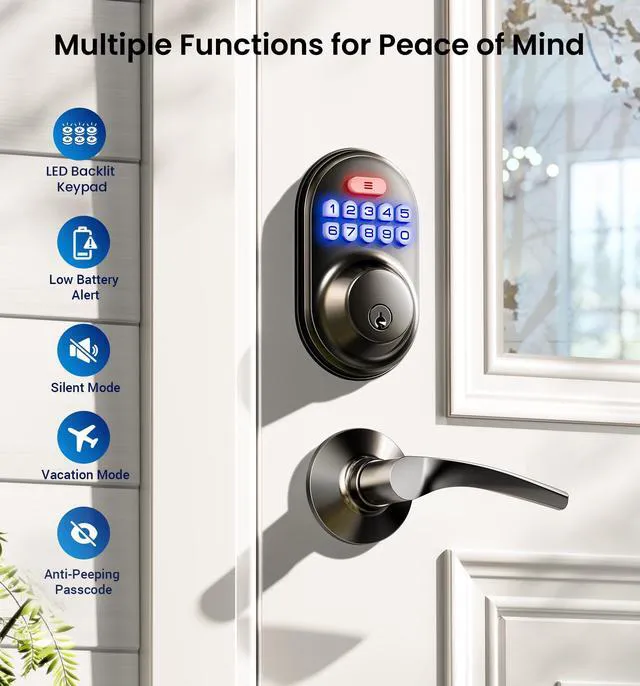 Alt view image 4 of 7 - RZ-C Keyless Entry Door Lock with 2 Lever Handles, Matte Black Zinc Alloy Handle Set, Auto Lock, One Time Code, 20 Codes, Back-Lit Keypad, Electronic Deadbolt for Front Door, Easy Install