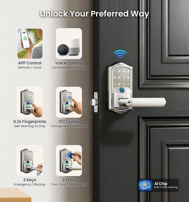 Alt view image 2 of 7 - VE029 Wi-Fi Smart Lever Lock with Digital Keypad, Satin Nickel Built-in Wi-Fi, Remote Access, Fingerprint, Real-time Alert, Compatible with Alexa, Auto Lock, IP65 Waterproof, for Airbnb