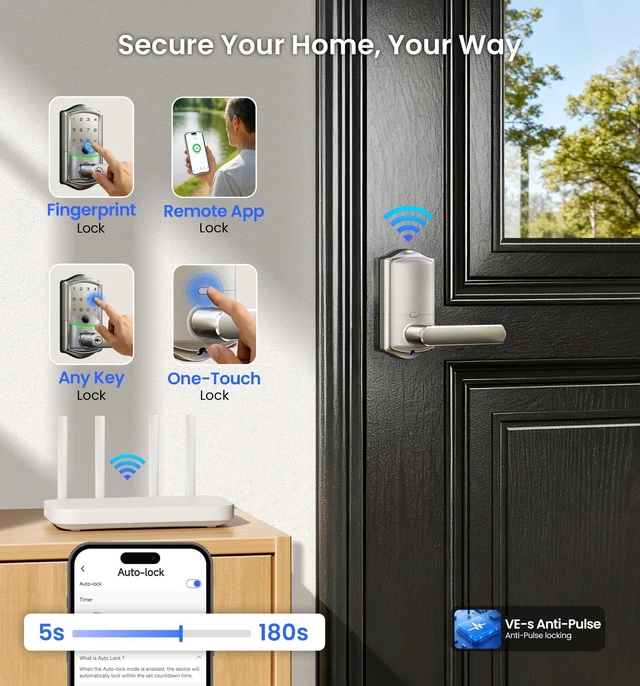 Alt view image 6 of 7 - VE029 Wi-Fi Smart Lever Lock with Digital Keypad, Satin Nickel Built-in Wi-Fi, Remote Access, Fingerprint, Real-time Alert, Compatible with Alexa, Auto Lock, IP65 Waterproof, for Airbnb