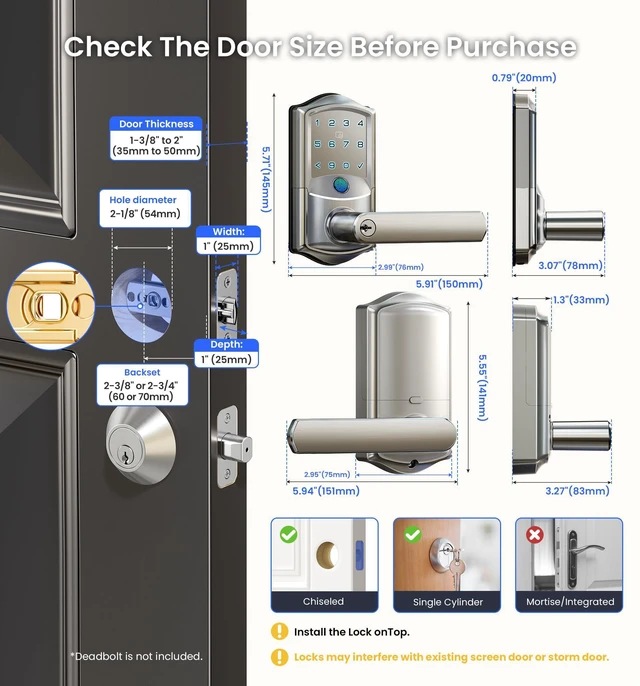 Alt view image 7 of 7 - VE029 Wi-Fi Smart Lever Lock with Digital Keypad, Satin Nickel Built-in Wi-Fi, Remote Access, Fingerprint, Real-time Alert, Compatible with Alexa, Auto Lock, IP65 Waterproof, for Airbnb