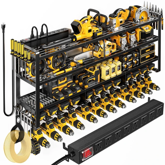 Main image of Power Tool Organizer Wall Mount with Charging Station, 4 Tier Tool Battery Storage Rack Built in 8 Outlet Power Strip for Garage, 49" W, Black