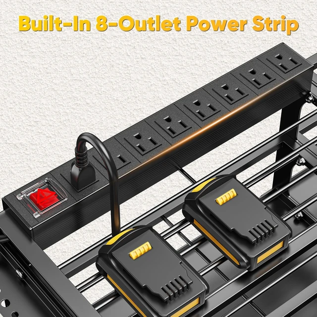 Alt view image 3 of 7 - Power Tool Organizer Wall Mount with Charging Station, 4 Tier Tool Battery Storage Rack Built in 8 Outlet Power Strip for Garage, 49" W, Black