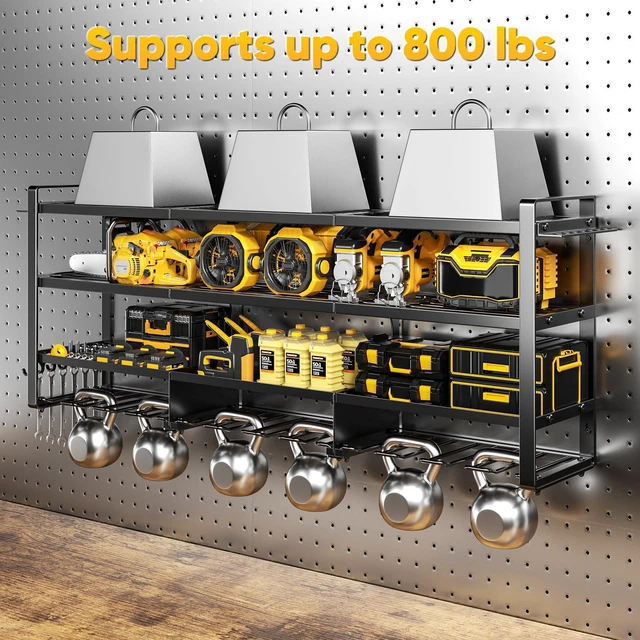 Alt view image 4 of 7 - Power Tool Organizer Wall Mount with Charging Station, 4 Tier Tool Battery Storage Rack Built in 8 Outlet Power Strip for Garage, 49" W, Black