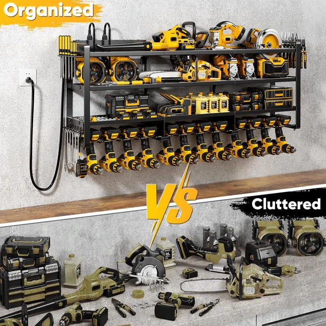 Alt view image 5 of 7 - Power Tool Organizer Wall Mount with Charging Station, 4 Tier Tool Battery Storage Rack Built in 8 Outlet Power Strip for Garage, 49" W, Black