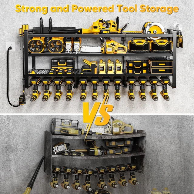 Alt view image 6 of 7 - Power Tool Organizer Wall Mount with Charging Station, 4 Tier Tool Battery Storage Rack Built in 8 Outlet Power Strip for Garage, 49" W, Black