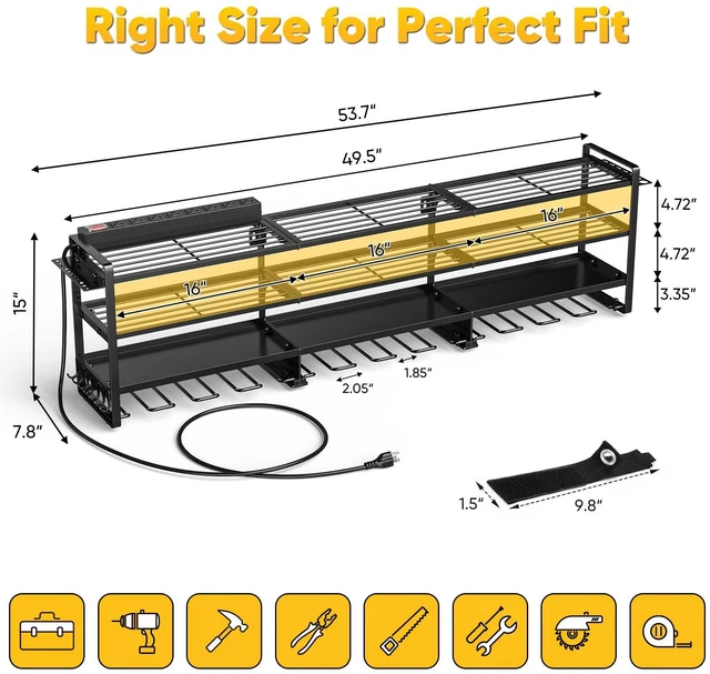 Alt view image 7 of 7 - Power Tool Organizer Wall Mount with Charging Station, 4 Tier Tool Battery Storage Rack Built in 8 Outlet Power Strip for Garage, 49" W, Black