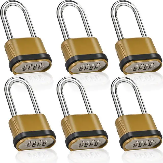 Main image of 6 Pack Long Shackle Combination Padlock, Heavy Duty Combination Locks 105mm Outdoor Waterproof Combo Lock for Outdoor Fence, Locker, Sheds, Gym, Gate Hasps- Golden