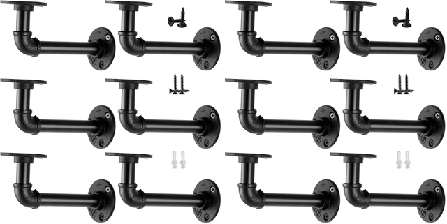 Main image of Industrial Pipe Shelf Brackets for 8 10 12 14 inches Board, Iron L Pipe Floating Shelves, Heavy Duty Metal Shelving Brackets - 12 Pack Black