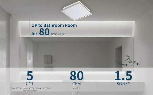 Alt view image 2 of 7 - Bathroom Exhaust Fan with Light,80 CFM, 4 Inch Duct Super Quiet 1.5 Sone,1000lm Dimmable 3CCT LED Light, Energy Star Ventilation Fan, White