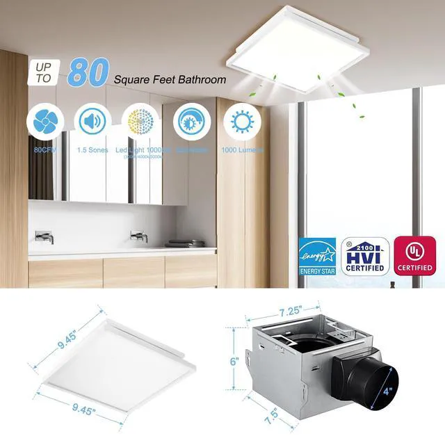 Alt view image 5 of 7 - Bathroom Exhaust Fan with Light,80 CFM, 4 Inch Duct Super Quiet 1.5 Sone,1000lm Dimmable 3CCT LED Light, Energy Star Ventilation Fan, White