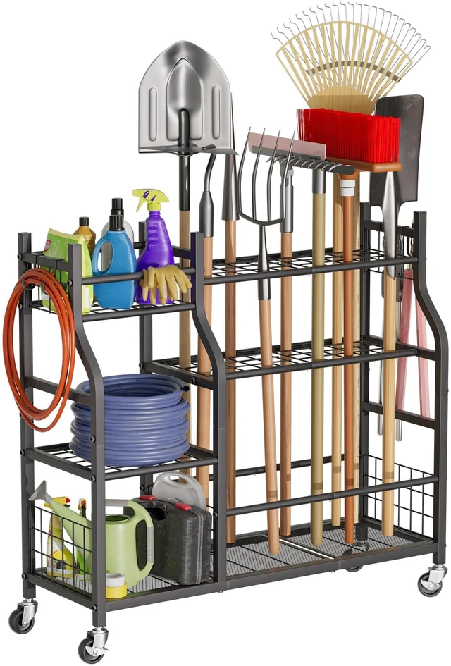 Main image of Garden Tool Organizer with Wheels for Garage and Shed, Spacious Tool Storage, Multi-Tier Design with Side Hooks for Rakes, Shovels, Brooms, and Yard Tools Rolling Cart