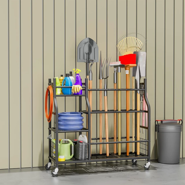 Alt view image 2 of 6 - Garden Tool Organizer with Wheels for Garage and Shed, Spacious Tool Storage, Multi-Tier Design with Side Hooks for Rakes, Shovels, Brooms, and Yard Tools Rolling Cart