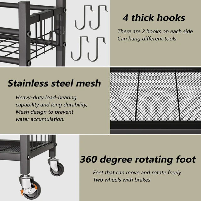 Alt view image 3 of 6 - Garden Tool Organizer with Wheels for Garage and Shed, Spacious Tool Storage, Multi-Tier Design with Side Hooks for Rakes, Shovels, Brooms, and Yard Tools Rolling Cart