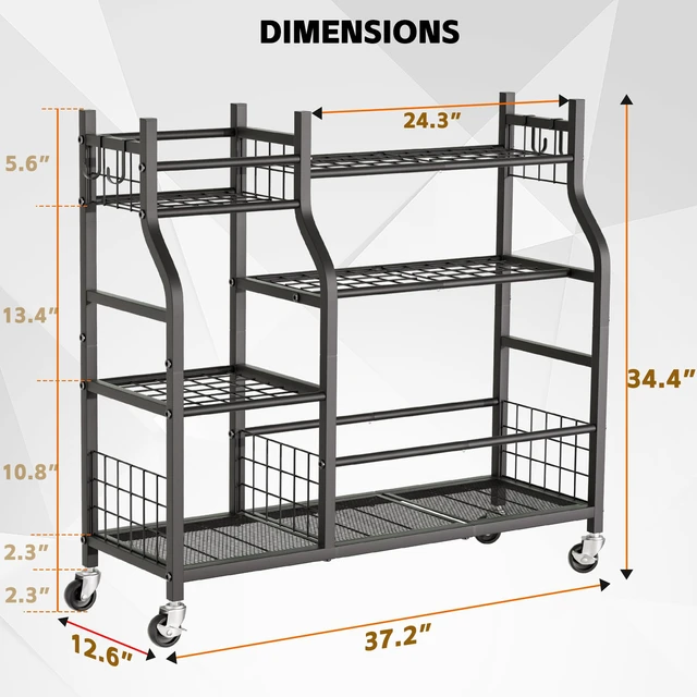 Alt view image 4 of 6 - Garden Tool Organizer with Wheels for Garage and Shed, Spacious Tool Storage, Multi-Tier Design with Side Hooks for Rakes, Shovels, Brooms, and Yard Tools Rolling Cart