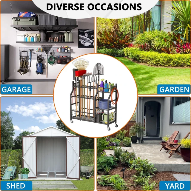 Alt view image 5 of 6 - Garden Tool Organizer with Wheels for Garage and Shed, Spacious Tool Storage, Multi-Tier Design with Side Hooks for Rakes, Shovels, Brooms, and Yard Tools Rolling Cart