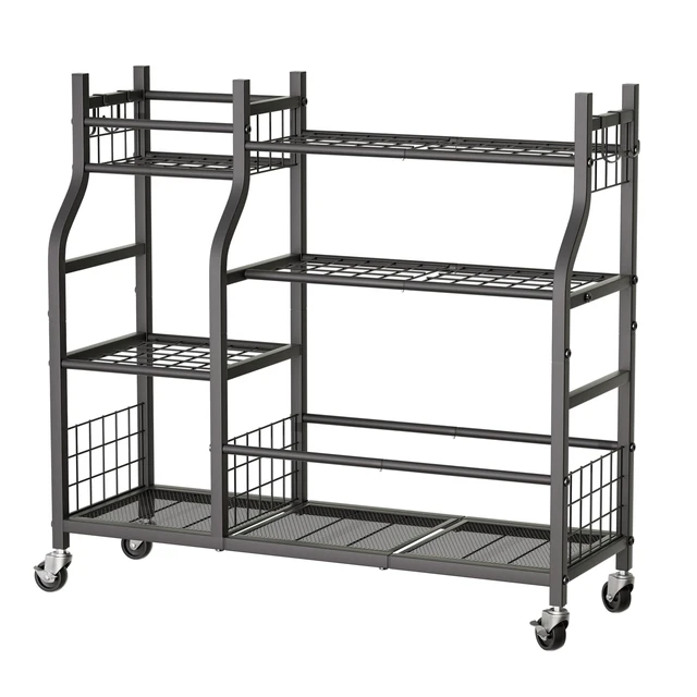 Alt view image 6 of 6 - Garden Tool Organizer with Wheels for Garage and Shed, Spacious Tool Storage, Multi-Tier Design with Side Hooks for Rakes, Shovels, Brooms, and Yard Tools Rolling Cart