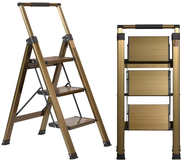 Main image of 3 Step Ladder, Aluminum Step Stool with Retractable Handrail 330 lbs Heavy Duty Lightweight Extra Wide Anti-Slip Pedals Slim 2.5" Fold for Kitchen, Closet & Pantry