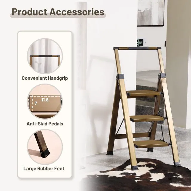 Alt view image 5 of 7 - 3 Step Ladder, Aluminum Step Stool with Retractable Handrail 330 lbs Heavy Duty Lightweight Extra Wide Anti-Slip Pedals Slim 2.5" Fold for Kitchen, Closet & Pantry