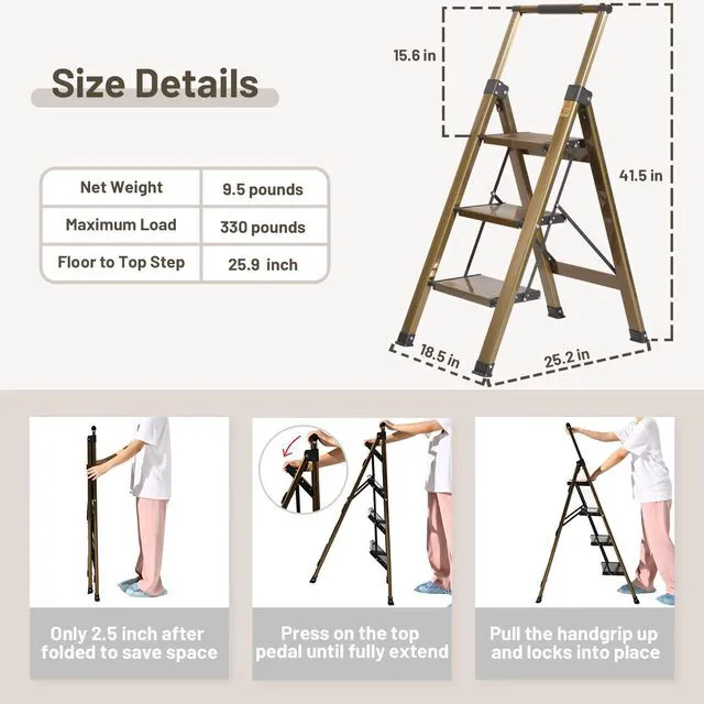 Alt view image 6 of 7 - 3 Step Ladder, Aluminum Step Stool with Retractable Handrail 330 lbs Heavy Duty Lightweight Extra Wide Anti-Slip Pedals Slim 2.5" Fold for Kitchen, Closet & Pantry