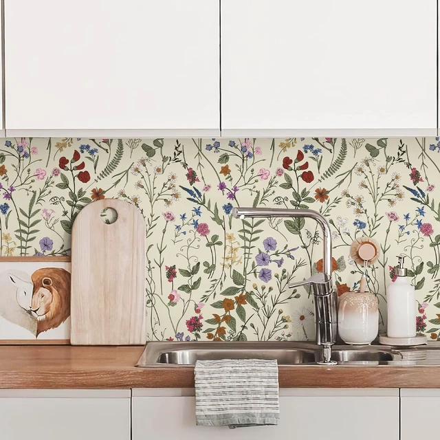 Alt view image 4 of 7 - Floral Wallpaper Peel and Stick- 1181" x 17.3" Farm Floral Wall Paper, Wildwood Daisy Self Adhesive Stick On Wallpaper Removable Contact Paper