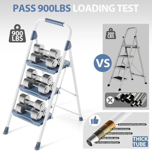 Alt view image 3 of 7 - 3 Step Ladder, 900lbs Sturdy Step Stool with Handrail, Non-Skid Wide Pedals, Foldable 3 Stepladder with Safety Locking for Home, Garage, Garden, Office, Blue