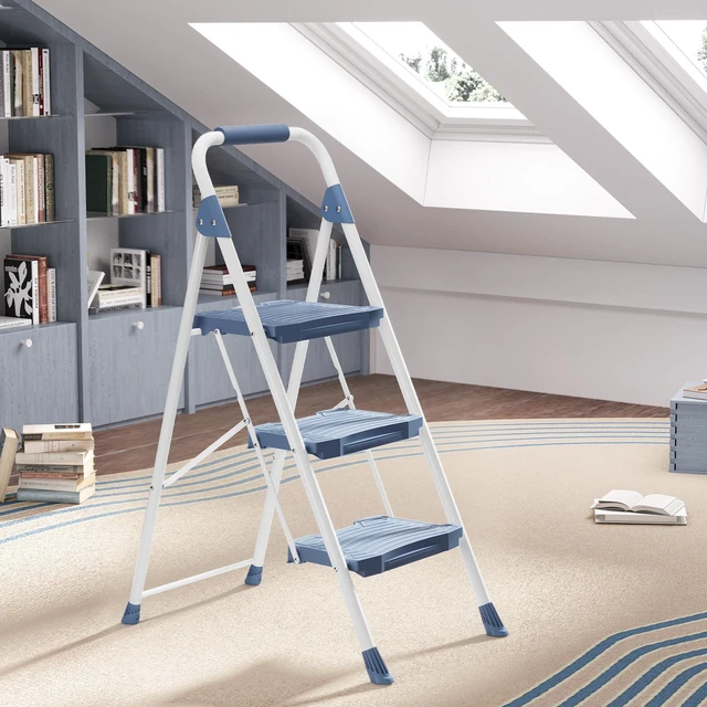 Alt view image 5 of 7 - 3 Step Ladder, 900lbs Sturdy Step Stool with Handrail, Non-Skid Wide Pedals, Foldable 3 Stepladder with Safety Locking for Home, Garage, Garden, Office, Blue