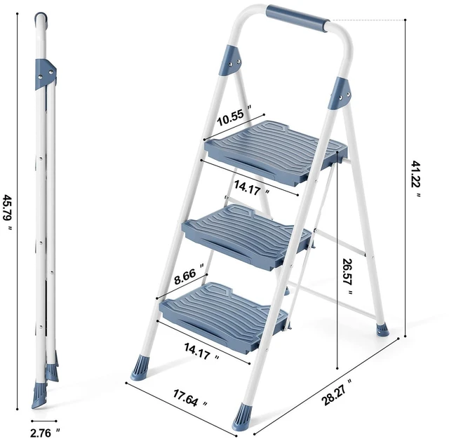 Alt view image 7 of 7 - 3 Step Ladder, 900lbs Sturdy Step Stool with Handrail, Non-Skid Wide Pedals, Foldable 3 Stepladder with Safety Locking for Home, Garage, Garden, Office, Blue