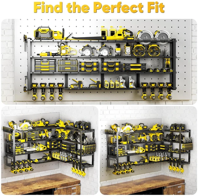 Alt view image 2 of 7 - Extra Large 64" W Power Tool Organizer Wall Mount, 1000 lbs Load Capacity, Heavy Duty 4 Tier Garage Storage Rack with 8 Drill Holders, 2 in 1 Corner or Straight Installation