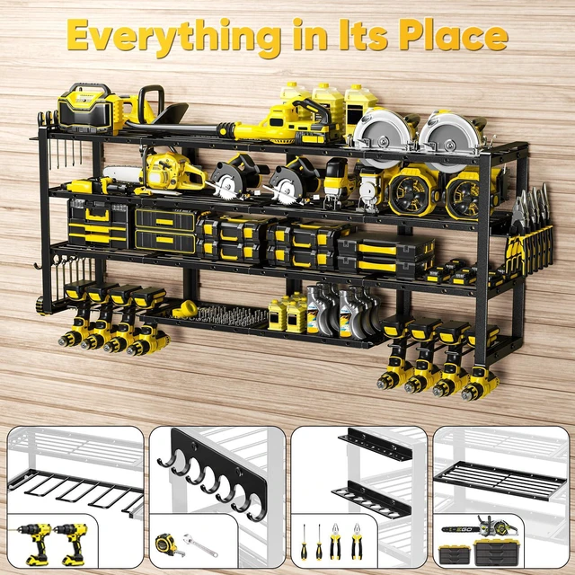 Alt view image 3 of 7 - Extra Large 64" W Power Tool Organizer Wall Mount, 1000 lbs Load Capacity, Heavy Duty 4 Tier Garage Storage Rack with 8 Drill Holders, 2 in 1 Corner or Straight Installation