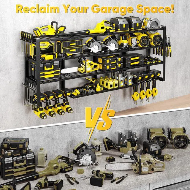 Alt view image 5 of 7 - Extra Large 64" W Power Tool Organizer Wall Mount, 1000 lbs Load Capacity, Heavy Duty 4 Tier Garage Storage Rack with 8 Drill Holders, 2 in 1 Corner or Straight Installation