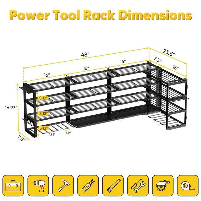 Alt view image 7 of 7 - Extra Large 64" W Power Tool Organizer Wall Mount, 1000 lbs Load Capacity, Heavy Duty 4 Tier Garage Storage Rack with 8 Drill Holders, 2 in 1 Corner or Straight Installation