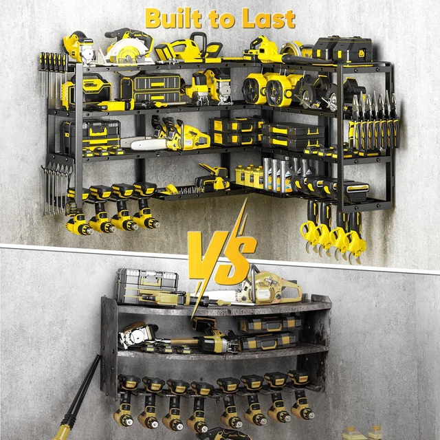 Alt view image 6 of 7 - Extra Large 64" W Power Tool Organizer Wall Mount, 1000 lbs Load Capacity, Heavy Duty 4 Tier Garage Storage Rack with 8 Drill Holders, 2 in 1 Corner or Straight Installation