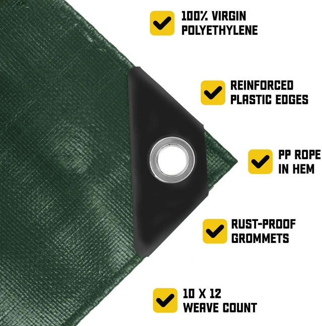 Alt view image 4 of 7 - Classic 5 Mil Tarp Cover, Waterproof, UV Resistant, Rip and Tear Proof, Poly Tarpaulin with Reinforced Edges for Roof, Patio, Pool Cover, Boat (Green/Black 24 X 24)