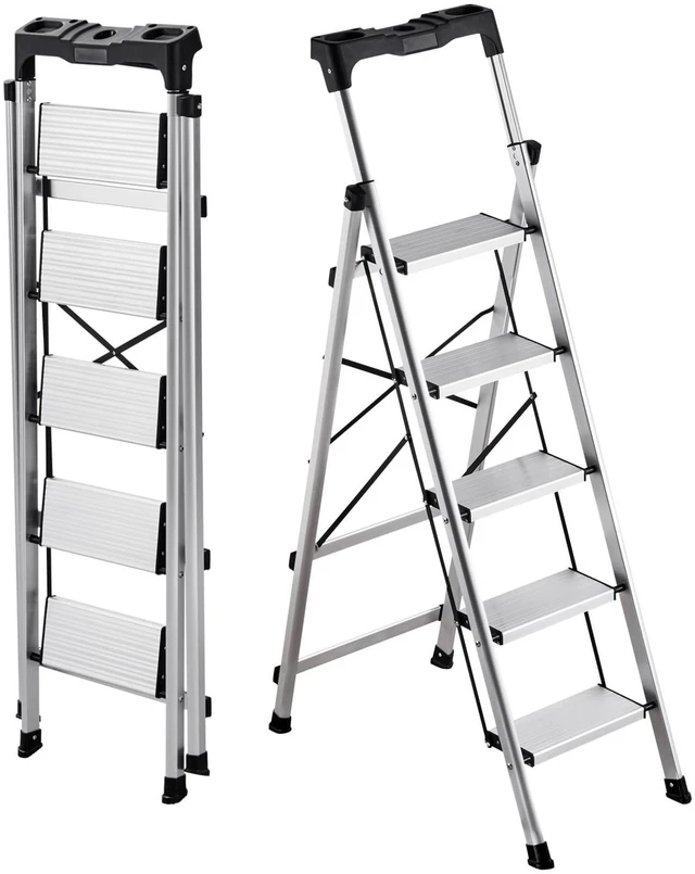 Main image of 5 Step Ladder, Folding Step Stool with Wide Anti-Slip Pedal and Comfort Handgrip, 330 lbs Capacity Portable Aluminum Stepladder, Multi-Use for Kitchen, Warehouse, Household and Office, Silver