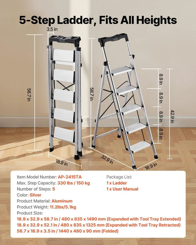 Alt view image 2 of 7 - 5 Step Ladder, Folding Step Stool with Wide Anti-Slip Pedal and Comfort Handgrip, 330 lbs Capacity Portable Aluminum Stepladder, Multi-Use for Kitchen, Warehouse, Household and Office, Silver