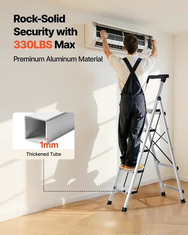 Alt view image 4 of 7 - 5 Step Ladder, Folding Step Stool with Wide Anti-Slip Pedal and Comfort Handgrip, 330 lbs Capacity Portable Aluminum Stepladder, Multi-Use for Kitchen, Warehouse, Household and Office, Silver