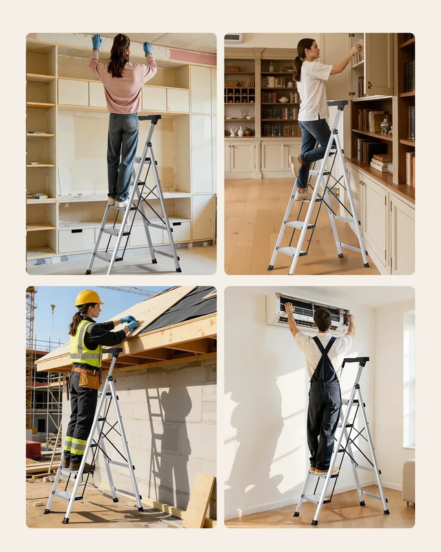 Alt view image 7 of 7 - 5 Step Ladder, Folding Step Stool with Wide Anti-Slip Pedal and Comfort Handgrip, 330 lbs Capacity Portable Aluminum Stepladder, Multi-Use for Kitchen, Warehouse, Household and Office, Silver