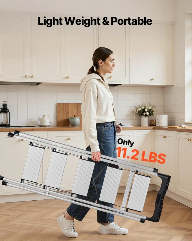 Alt view image 6 of 7 - 5 Step Ladder, Folding Step Stool with Wide Anti-Slip Pedal and Comfort Handgrip, 330 lbs Capacity Portable Aluminum Stepladder, Multi-Use for Kitchen, Warehouse, Household and Office, Silver