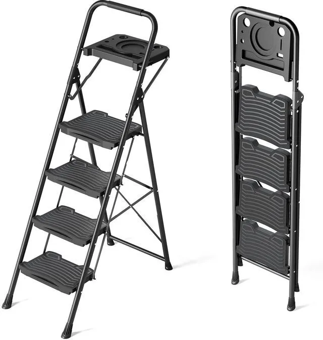 Main image of 4 Step Ladder with Tool Platform, Sturdy Step Stool, Anti-Slip Wide Pedals, Handrail, Foldable Step Ladder, Pass 900LBS Testing, Multi-Use for Home, Garage, Garden, Painting, Black