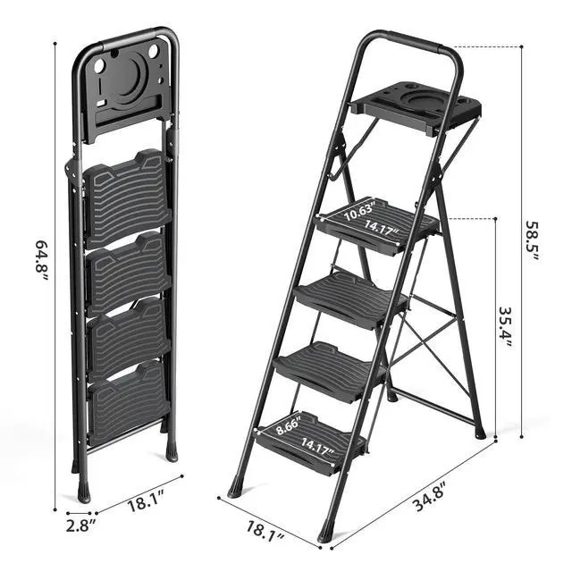 Alt view image 7 of 7 - 4 Step Ladder with Tool Platform, Sturdy Step Stool, Anti-Slip Wide Pedals, Handrail, Foldable Step Ladder, Pass 900LBS Testing, Multi-Use for Home, Garage, Garden, Painting, Black