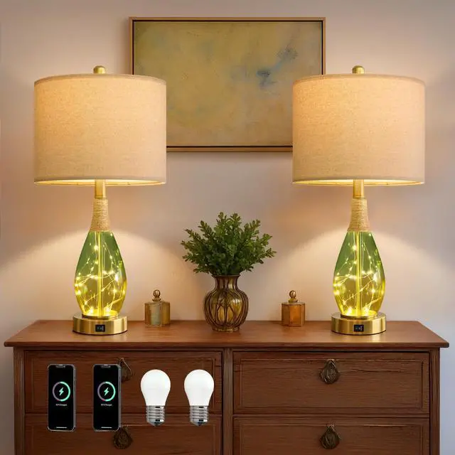 Main image of 23" Table Lamps Set of 2,Farmhouse Lamps with Glass Nightlight, Bedside Lamps for Living Room, Rattan Lamps for Bedroom Nightstands, Two Light Points