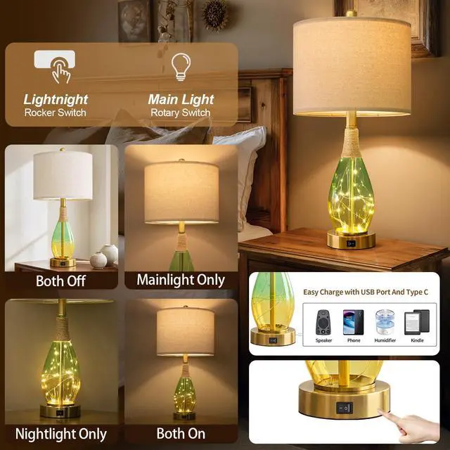 Alt view image 3 of 7 - 23" Table Lamps Set of 2,Farmhouse Lamps with Glass Nightlight, Bedside Lamps for Living Room, Rattan Lamps for Bedroom Nightstands, Two Light Points