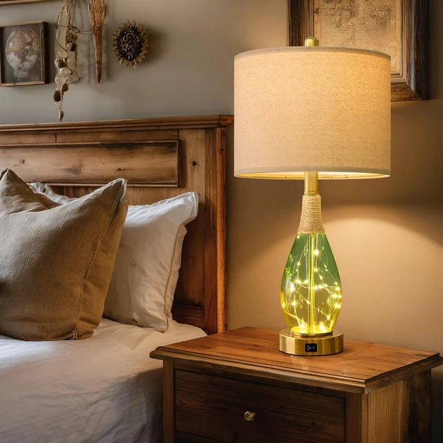 Alt view image 2 of 7 - 23" Table Lamps Set of 2,Farmhouse Lamps with Glass Nightlight, Bedside Lamps for Living Room, Rattan Lamps for Bedroom Nightstands, Two Light Points